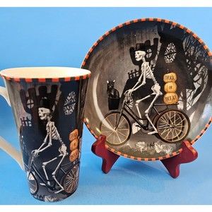 222 Fifth Bicycle Skeleton Halloween Coffee Tea Mug Cup & Dessert Plate NWT Gift
